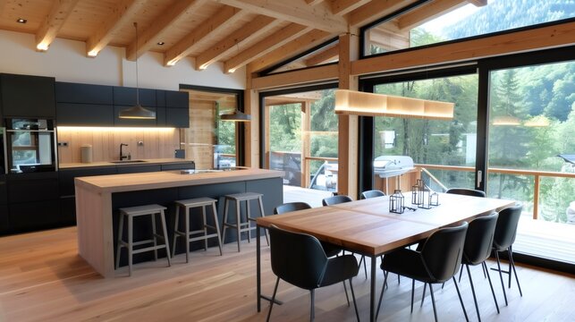 Modern kitchen and dining room boasting exposed wooden beams and large windows overlooking nature