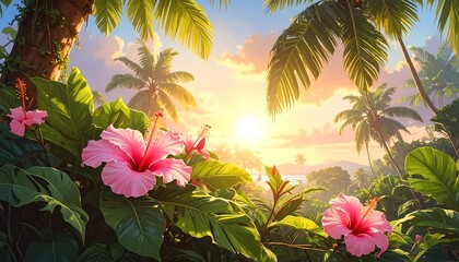 Lush tropical foliage frames a breathtaking sunset over a serene island landscape, showcasing vibrant pink hibiscus flowers.