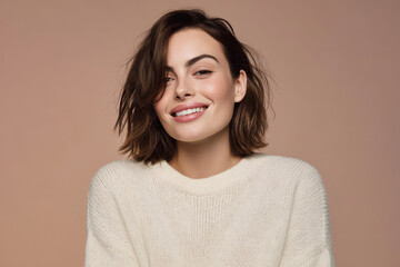 portrait of woman with bright smile set against clean pastel background