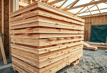 Stack of OSB wood panels at construction site, panel, construction site