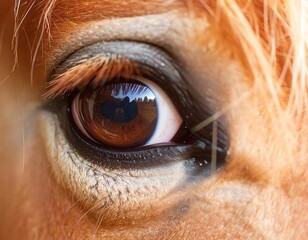 Close-up of a horse's eye, brown iris, and surrounding details