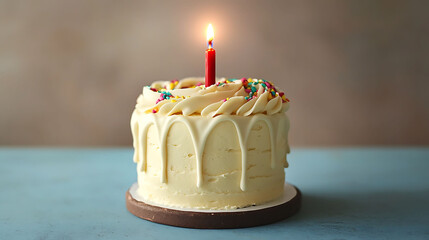 A mini cake with buttercream piped like waves, white chocolate-style drip icing, rainbow confetti sprinkles, and a single short red candle glowing softly, set against a dusty blue backdrop,