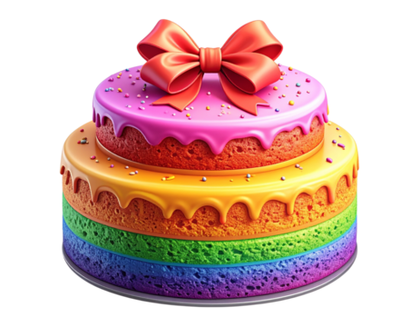   Joyful Celebration Three-Tiered Birthday Cake with Coral Bow and Rainbow Icing Isolated on Transparent PNG - Powered by Adobe