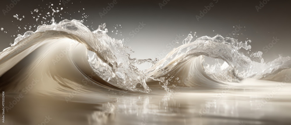 Poster dynamic water waves crash and splash with intense energy, creating reflections on surface, and illus