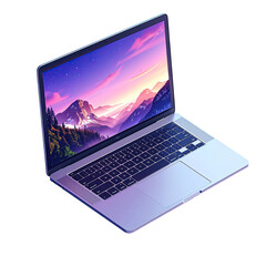 Open laptop, isometric view, featuring a scenic landscape on the display