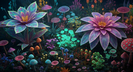 Psychedelic Fantasy Garden with Glowing Mushrooms and Alien Flora