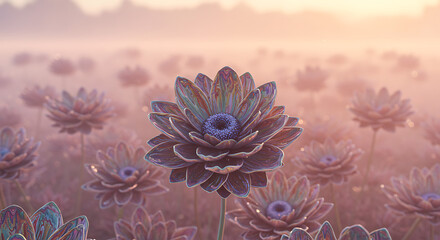 Surreal Flower Field at Misty Sunrise or Sunset