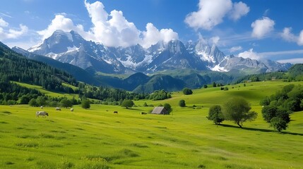 Naklejka premium Cows grazing in a green meadow with snowy mountains and blue sky in the background