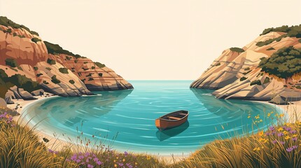 Obraz premium A serene coastal cove with a small boat and rocky cliffs
