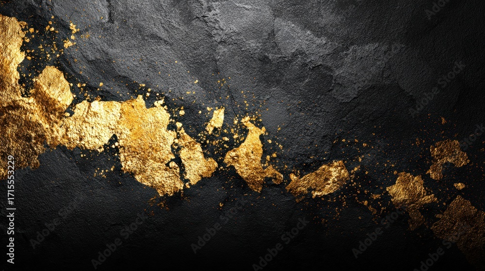 Poster golden flakes sparkle against dark, textured surface creating a luxurious and dramatic abstract back