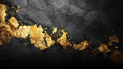 Golden flakes sparkle against dark, textured surface creating a luxurious and dramatic abstract background with depth and visual appeal.
