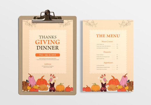 Elegant Thanksgiving Dinner Menu Template with Fall Decorations