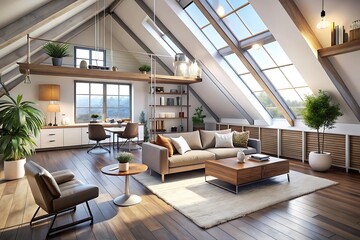 Fototapeta premium Large living room with a couch, a coffee table, and a potted plant