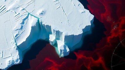 Antarctic ice shelf fracturing into geometric blue shards against warming red ocean currents.