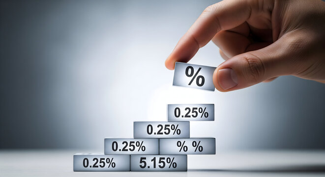 Hand adds percentage symbol to growing financial interest rate blocks