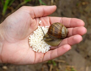 Snail with its eggs held in a hand