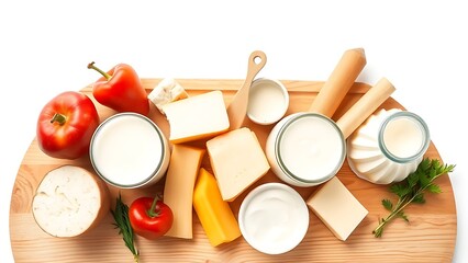 Fresh dairy products neatly arranged on a wooden surface, highlighting their natural appeal.