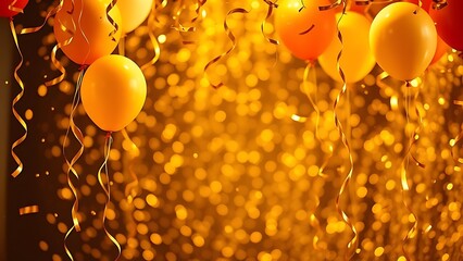 A festive golden frame filled with floating balloons and swirling confetti, capturing a lively celebration atmosphere.