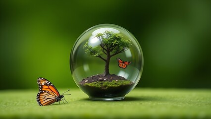 A glass orb containing a miniature tree and butterfly on a green background, representing ecological balance.