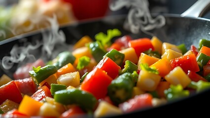 Fresh vegetables sizzle in a pan, vibrant colors and rising steam captured in warm kitchen lighting.