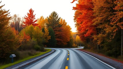 A scenic Swedish autumn road lined with vibrant trees under warm golden sunlight.