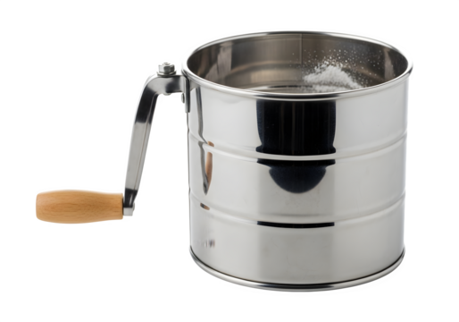 Metal flour sifter with wooden handle isolated on transparent background is a kitchen utensil used for separating and aerating flour or other dry ingredients