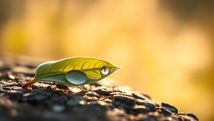 Single tea leaf with dewdrops, morning sunlight highlighting veined texture.