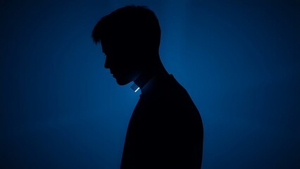 A minimalist silhouette of a person holding a glowing rectangular object in cool blue tones.