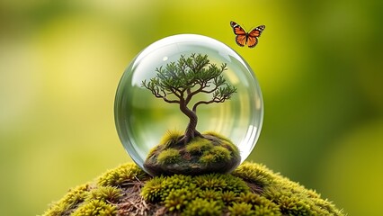 A crystal globe holds a tiny tree on moss, with a butterfly in flight against a soft green backdrop.