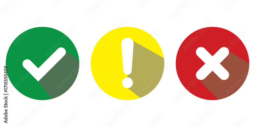 Poster set of flat round check mark, exclamation point, x mark icons, buttons isolated on a white backgroun