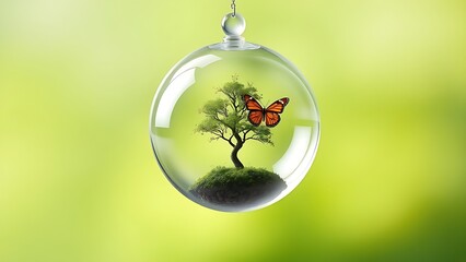Glass orb with miniature tree and butterfly, representing environmental harmony and conservation.