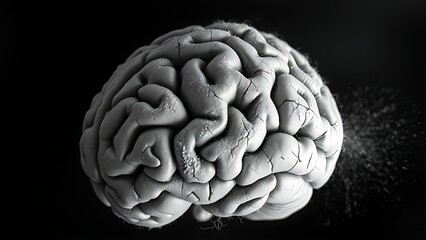 A surreal monochrome brain sculpture covered in delicate cracks and dust, representing rapid aging.