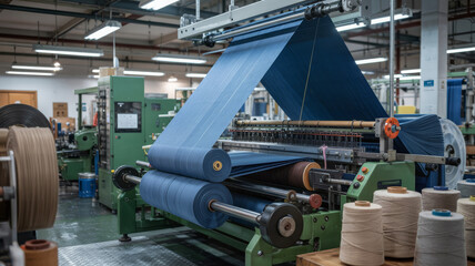 A textile factory with machinery weaving blue fabric, showcasing industrial production and manufacturing process textile