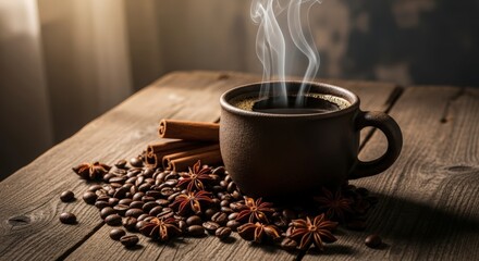 Aromatic morning coffee steaming in a dark mug on a vintage wood surface.