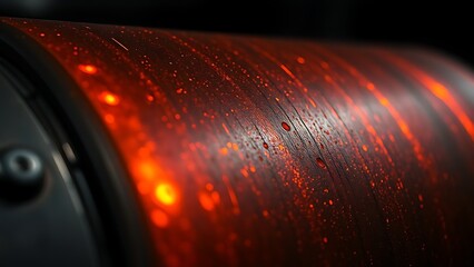 Industrial metal surface glowing with orange heat marks, showcasing abstract textures under dramatic lighting.