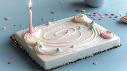 A modern flat cake with thin white icing drips, pastel swirl buttercream dots around the rim, a single pink candle, and scattered confetti sprinkles, all on a smooth light blue surface,
