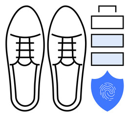 Pair of shoes outlined with battery levels and fingerprint shield symbolizing innovation, technology, and safety. Ideal for wearable devices, modern fashion, security, energy, tech integration