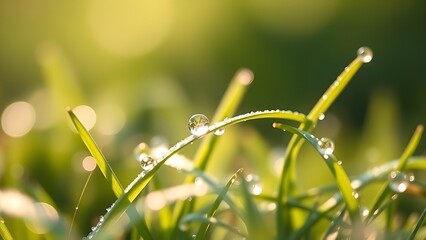 Morning dew glistens on tender grass blades, capturing the freshness of a spring day.