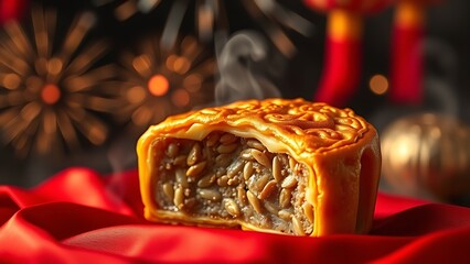 Steaming mooncake with golden crust on crimson silk, reflecting festive fireworks for China National Day.