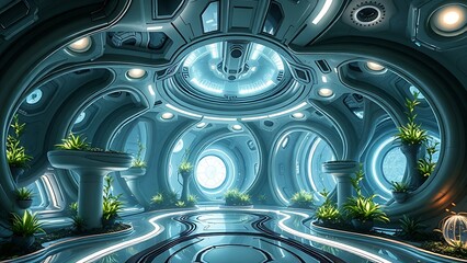 The organic, flowing interior of a futuristic space station with bioluminescent plants.