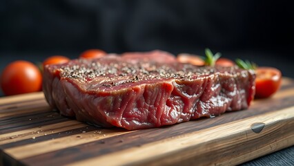 Close-up of raw beef on a wooden surface, showcasing freshness and culinary appeal.