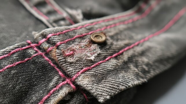 Close up of grey worn jeans with pink stitching detail around the button area displaying textured fabric and a rustic, aged look aesthetically. - Powered by Adobe