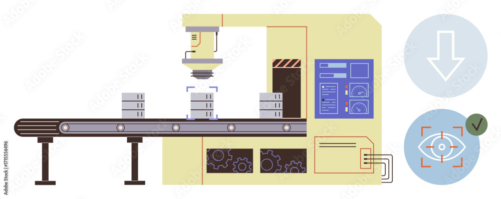 Poster conveyor belt moving packaged items under automated scanner in factory setup. includes inspection ic