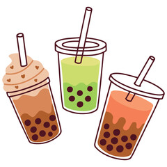 Assorted bubble tea drinks with cream topping, colorful flavors, straws, and tapioca pearls. Fun refreshing beverages illustration.