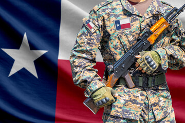 Fototapeta premium Texas US state flag with soldier at machinegun turret