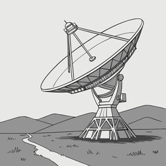 A large satellite dish antenna stands tall in a remote landscape with rolling hills and a winding path leading towards it under a clear sky
