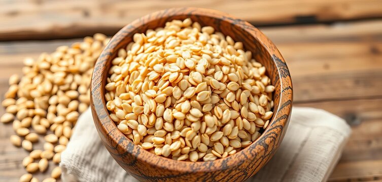 Close-up of raw buckwheat groats in a rustic wooden bowl,  cooking,  grains