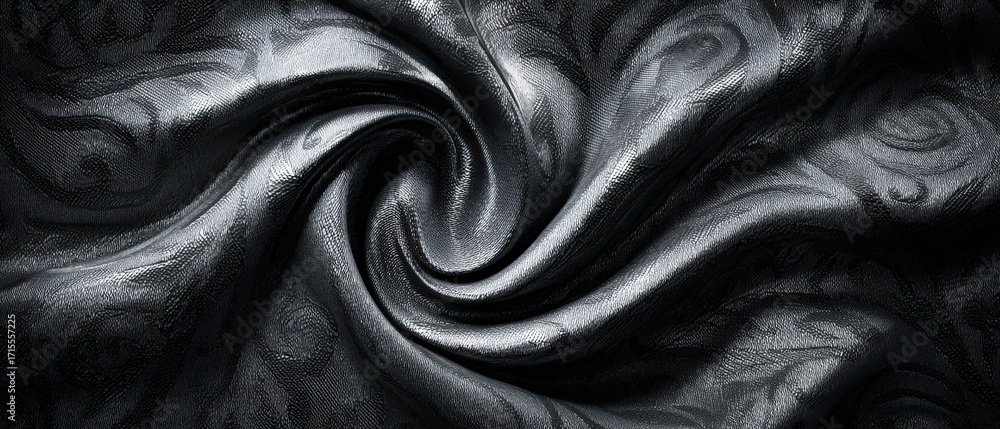 Poster dark silver fabric drapes with delicate swirls and subtle patterned texture creating an elegant luxu