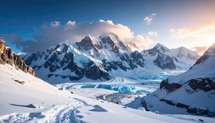 Naklejka premium Snow Capped Mountain Range Under a Blue Sky with Sunlight and Clouds Panorama Wide Scenic Winter Landscape Aerial Photography in Daylight