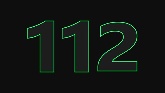 glowing text 112 number countdown icon on black background 4k animation.